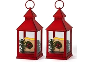 Yongmao Christmas Lantern Decorative LED Flickering Flameless Candle with Timer, Pine Holly Berry Red Decorative Hanging Lanterns for Indoor Outdoor Garden Christmas Home Decor(2 Pack)