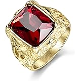 MASOP Luxury Gold Tone Engraved Mens Stainless Steel Rings with Red Ruby Garnet Color Stone Size 8-12