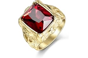 MASOP Luxury Gold Tone Engraved Mens Stainless Steel Rings with Red Ruby Garnet Color Stone Size 8-12