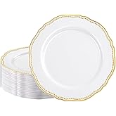 Hioasis 60pcs Gold Plastic Plates - White and Gold Disposable Dinnerware with Gold Rim, Heavy-duty, 10.25 inch, Dinner Plates for Party & Wedding