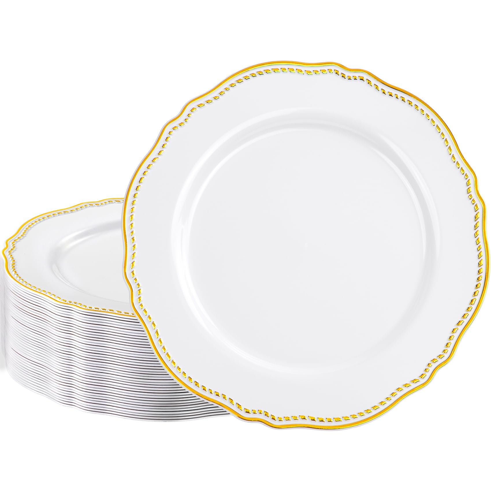 Hioasis 60pcs Gold Plastic Plates - White and Gold Disposable Dinnerware with Gold Rim, Heavy-duty, 10 inch, Dinner Plates for Party & Wedding Image