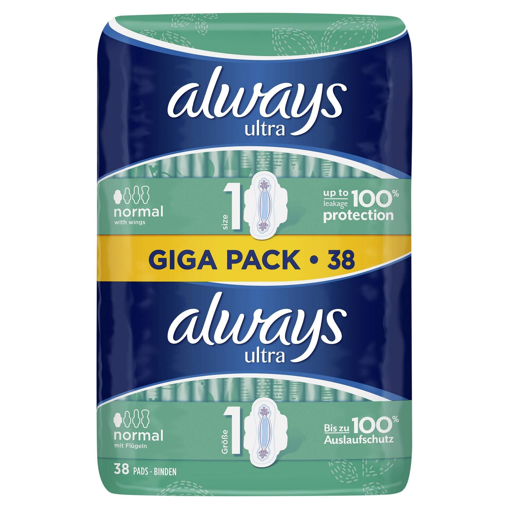 Always Ultra Normal Sanitary Pads with Wings, Pack of 3 (3 x 38 Pieces)