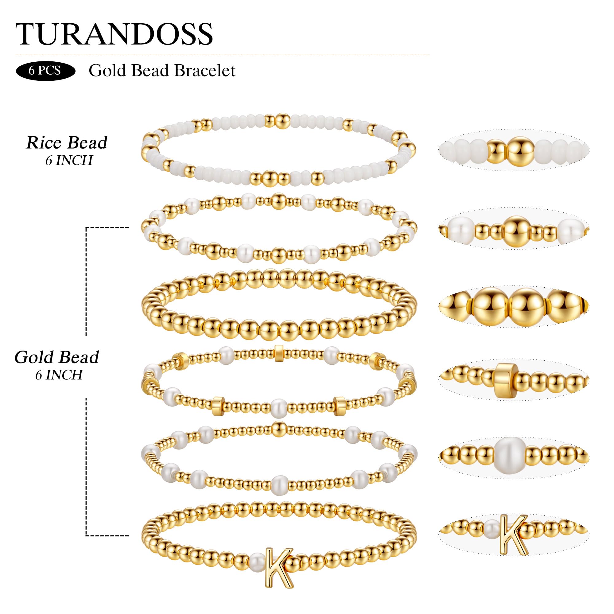 Turandoss 6PCS Beaded Initial Bracelets for Women, 18K Gold Plated Beaded Initial Letter Bracelet for Girls Women, Initial A-Z Stretch Bead Stackable Bracelet Jewelry Set Gifts