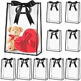 Aliceset 12 Pcs Clear Plastic Gift Bag with Die Cut Handles Reusable PP Favor Bag with Ribbon for Graduation Wedding Bridal Birthday Baby Shower Party Small Business, 7x10x3.15 Inch(Black)