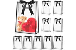 Aliceset 12 Pcs Clear Plastic Gift Bag with Die Cut Handles Reusable PP Favor Bag with Ribbon for Christmas Wedding Bridal Birthday Baby Shower Party Small Business, 7x10x3.15 Inch(Black)