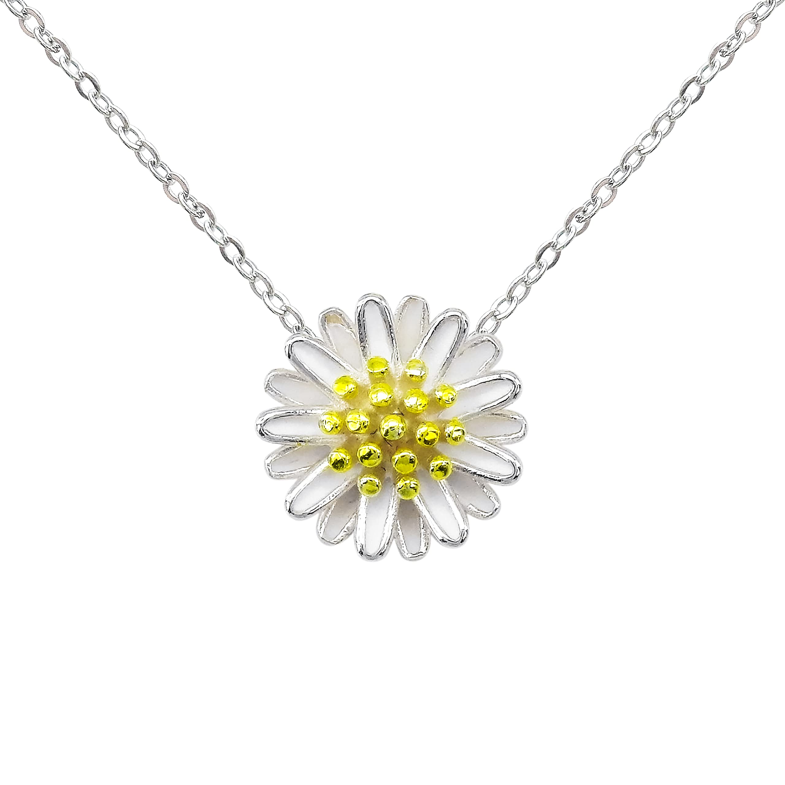 Hiqmic 925 Sterling Silver Cute Daisy Flower Pendant Necklace White Gold Plated Jewelry Gifts for Women 16"-18" WA99035-S-White