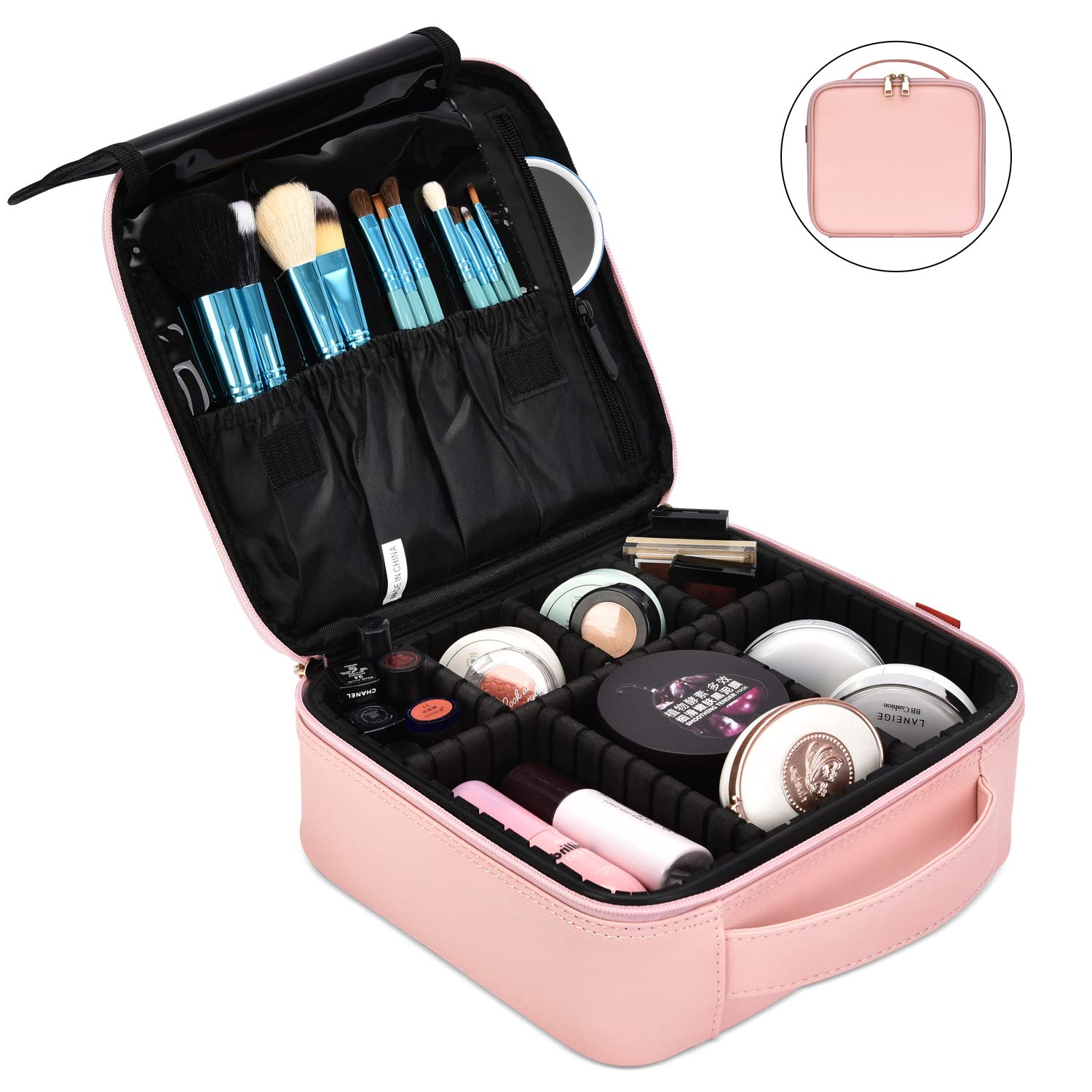 NiceEbag Makeup Bag Travel Cosmetic Bag for Women Cute Makeup Case Large Leather Cosmetic Train Case Organizer with Adjustable Dividers for Cosmetics Make Up Tools Toiletry Jewelry, Rose gold : Beauty