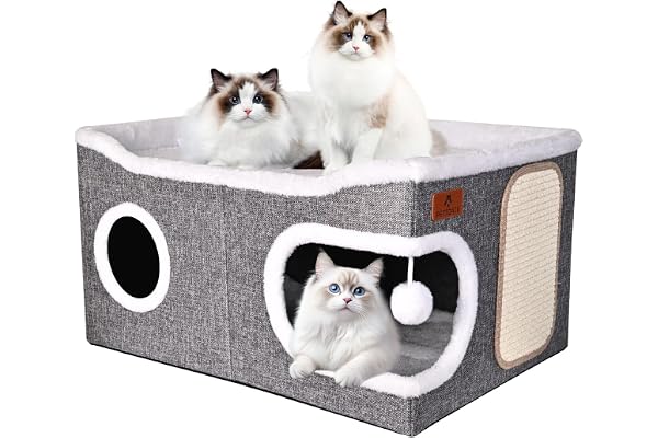 Extra Large Cat Beds for Indoor Cats, Covered Cat Cave Beds & Furniture with Scratch Pad and Fluffy Ball, Foldable Condo Hide