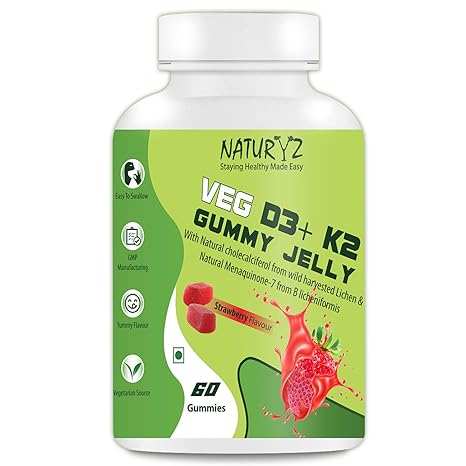 Naturyz Vegetarian D3+K2 Gummy Jelly for heart health and strong Immunity with Natural Cholecalciferol from Wild Harvested Lichen & Natural Menaquinone-7 from B Licheniformis -60 Gummies (Strawberry)