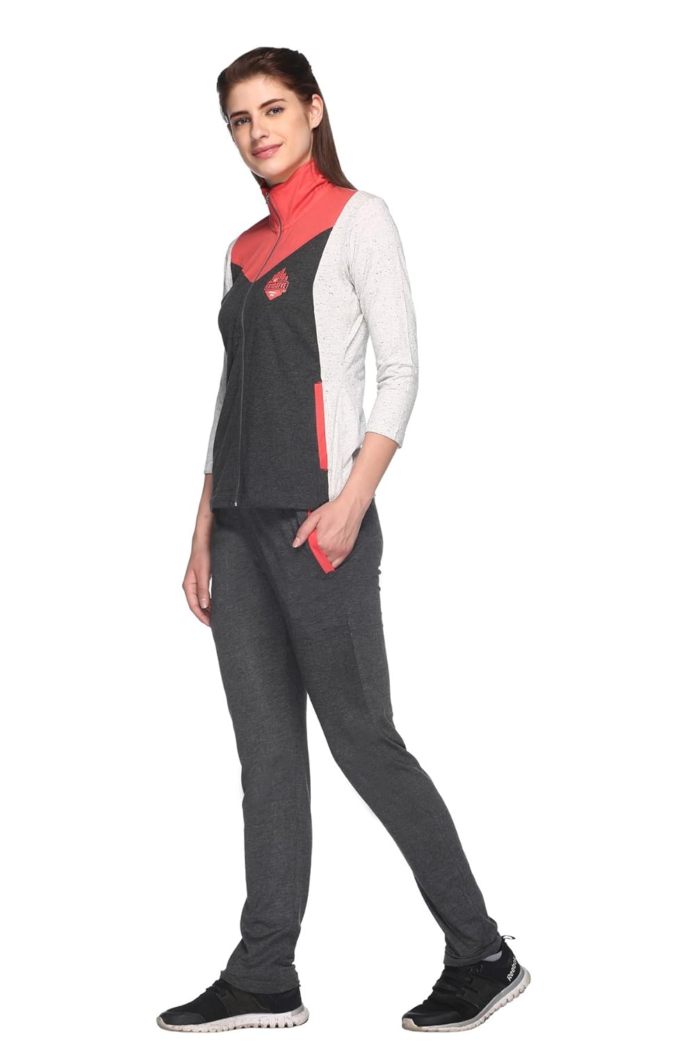 ex10sive women's front zipper cotton blended active wear top and bottom set