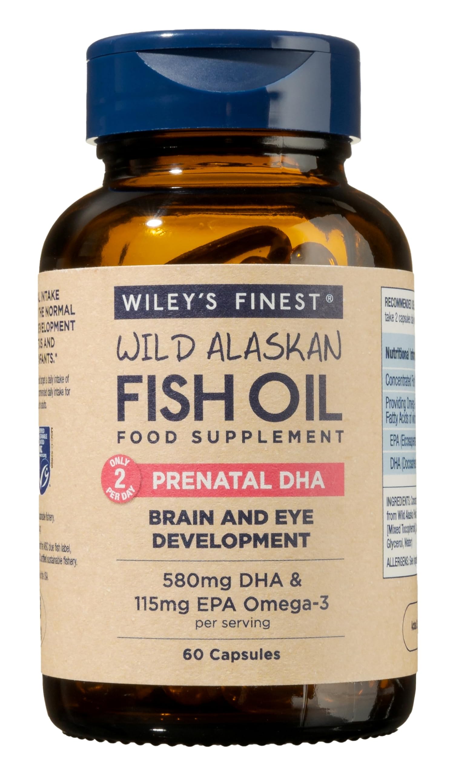 Wiley's Finest Wild Alaskan Fish Oil Prenatal DHA - 720mg EPA and DHA Omega-3s for Pregnant Women and Nursing Mothers - 60 Softgels (30 Prenatal Vitamin Servings)