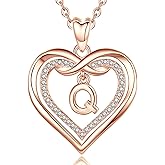 Vito Rosed Gold Initial Necklaces for Women, CZ Double Heart Letter A to Z Pendant Neckless Dainty Infinity Alphabet Jewelry Gift, 18"