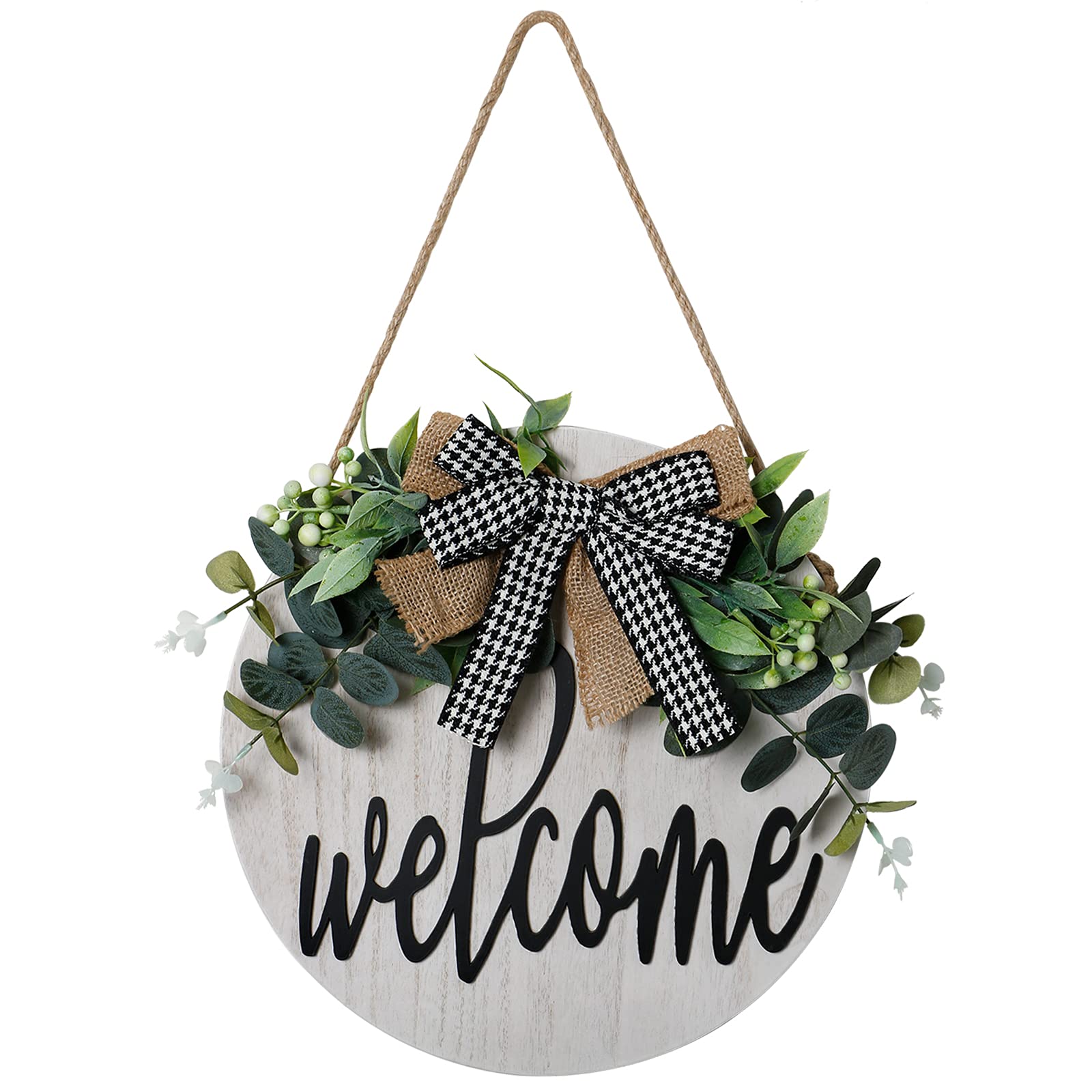 Dremisland Welcome Sign For Front Door- Rustic Round Spring Wreaths Porch Artificial Plants White Wooden Hanging Door Wreath for Holiday Indoor Fireplace Window Decor Ornament