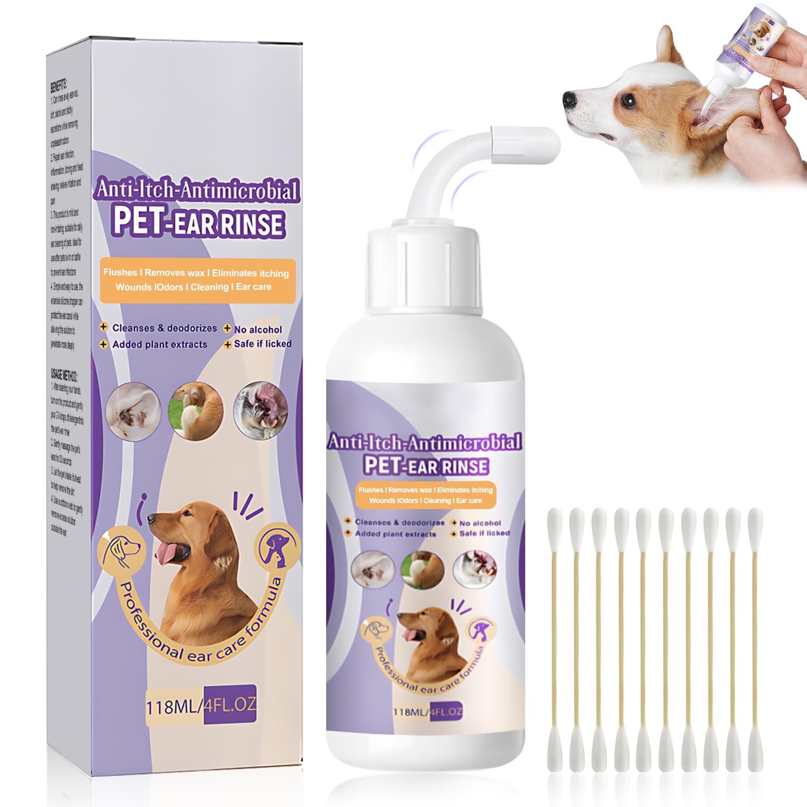Allony Ear Care for Dogs, 118ml Ear Cleaner for Dogs and Cat with 10PCS Cotton Swabs, Relieve Dogs Ear Cleaner for Pet Cats and Dogs of Any Body Shape