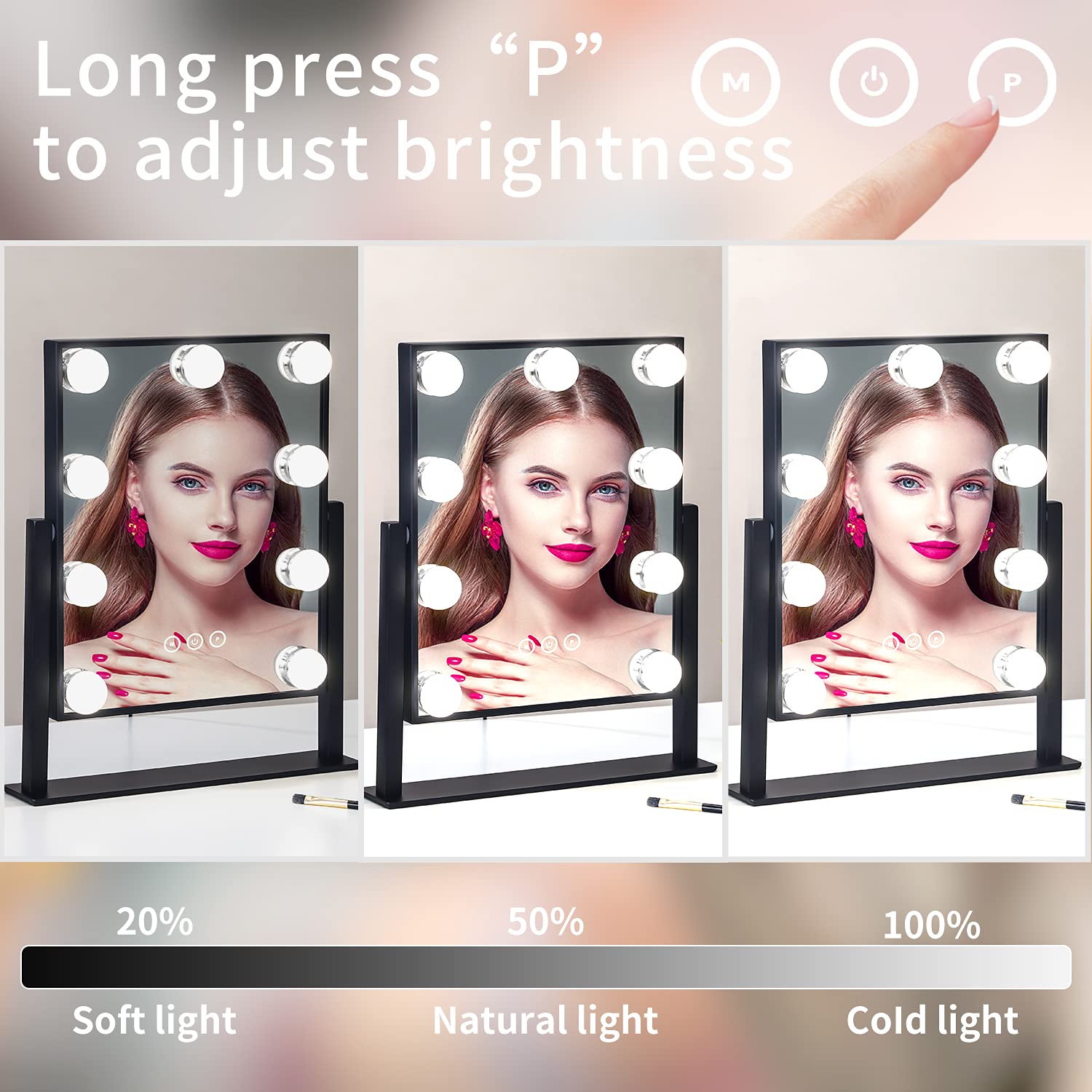 Vanity Mirror with Lights,Makeup Mirror with Lights with 9 Dimmable LED Bulbs, 3 Color Lighting Modes Detachable 10X Magnification Mirror Touch Control,360°Rotation