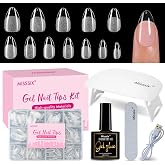 Misssix Short Almond Gel Nail Tips Kit, 216Pcs Pre Etched Clear Nail Tips | Full Cover False Nail 9-in-1 Gel Glue and Portable Mini U V Nail Lamp for Women 12 Sizes