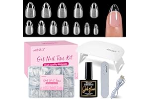 Misssix Short Almond Gel Nail Tips Kit, 216Pcs Pre Etched Clear Fake Nails, Full Cover False Nail 9-in-1 Gel Glue and Portable Mini U V Nail Lamp for Women 12 Sizes