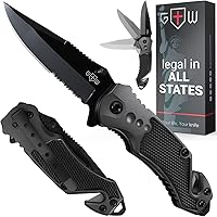 2,95” Serrated Blade Pocket Knife - Black Folding Knife with Glass Breaker and Seatbelt Cutter - Small EDC Knife with Pocket 