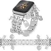 YONWORTH Cuban Chain Band Compatible with Apple Watch Bands 38/40/41/42/44/45 46 49mm Women,Bling Diamond Chain Dressy Metal Wristband Cute Charms Pendants for iWatch Series 10 9 8 7 6 5 4 3 SE Ultra