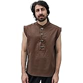 KUOIN Medieval Shirt for Men Linen Pirate Sleeveless Tunic with Retro Button