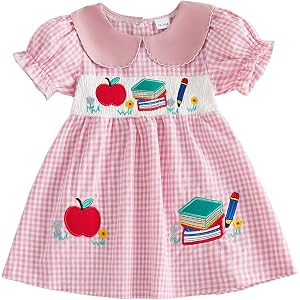 Toddler Baby Girl Back to School Outfit Smocked Dress Summer Sets | Little Girl Apple Pencil Sleeveless Dress Fly Sleeve Cont