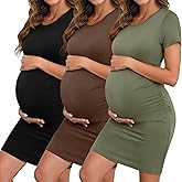 Riyiper 3 Pack Women's Maternity Dresses, Short Sleeve Pregnancy Dress Side Ruched Crew Neck Knee Length Mama Clothes