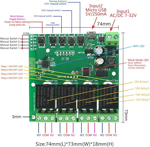 Newgoal Mdulo de rel de interruptor inteligente WiFi de 4 canales la aplicacin TUYASmart Life se utiliza para el control remoto del hogar inteligente el tiempo instantneo es ajustable