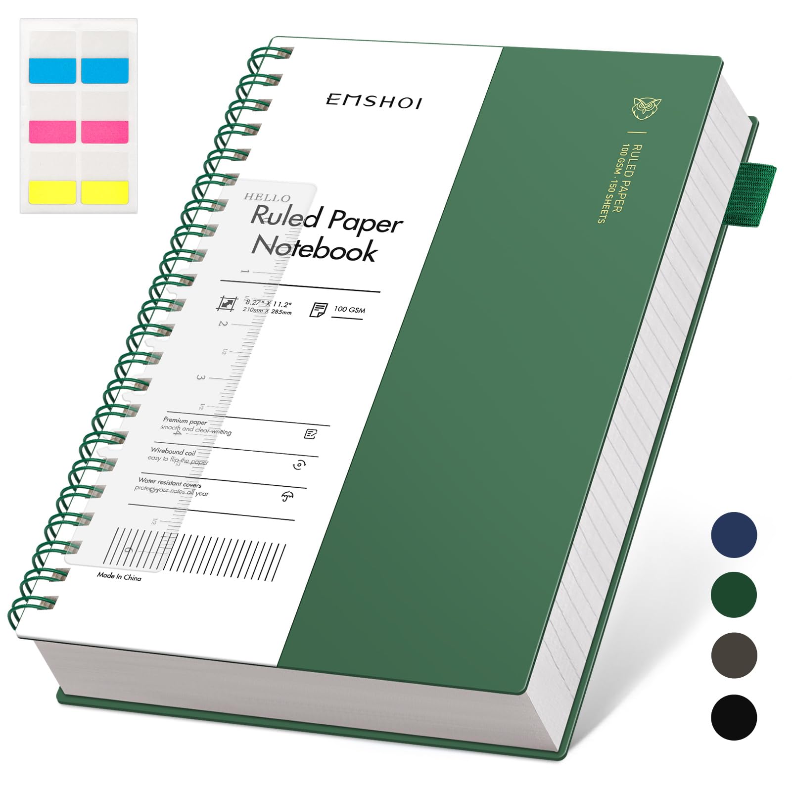 EMSHOI A4 Notebook Lined 300 Pages/150 Sheets, Wirebound Spiral Notepad, 100gsm Thick Paper, Waterproof Softcover, Writing Journal for Women Men Work Office School, 21.5x27.9cm, Dark Green — image 1