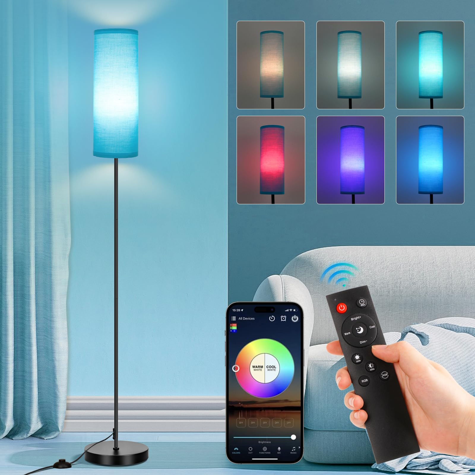 Photo 1 of FRIDEKO HOME Floor Lamp for Bedroom, Tall Standing Lamps for Living Room, Modern Corner Floor Lamps for Living Room, 3CCT&Brightness Dimmable, 800 LM, RGB Smart Bulb, Foot Switch, Turquoise Lampshade