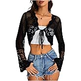 OYOANGLE Women's Crochet Tie Front Sweater Cardigans Bell Sleeve Knitted Cropped Bolero Shrug Cardigan