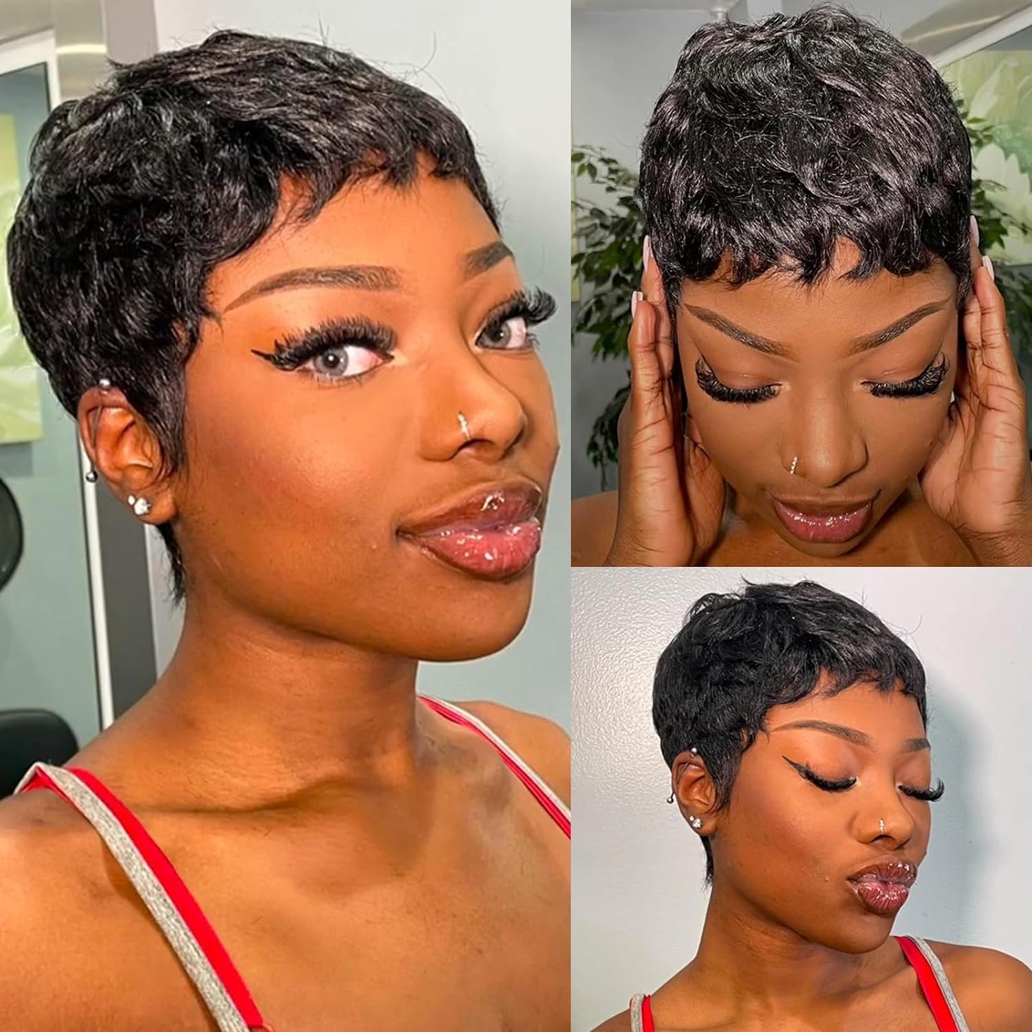 Pixie Cut Wig Human Hair Short Pixie Cut Wigs for Black Women Human Hair Glueless Pixie Wig Layered None Lace Front Wig with Bangs Natural Straight Wig 1B Color — image 1