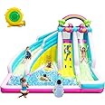 Inflatable Water Slide, 6 in 1 Blow Up Water Park Aged 3-12, Flamingo Style Water Bounce House with Double Long Slides, Splash Pool, 580W Blower Waterslide for Kids and Adults Backyard