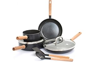 GreenPan Hudson Healthy Ceramic Nonstick, 8 Piece Cookware Pots and Pans Set, Vintage Wood Inspired Handle, PFAS-Free, Dishwasher Safe, Black
