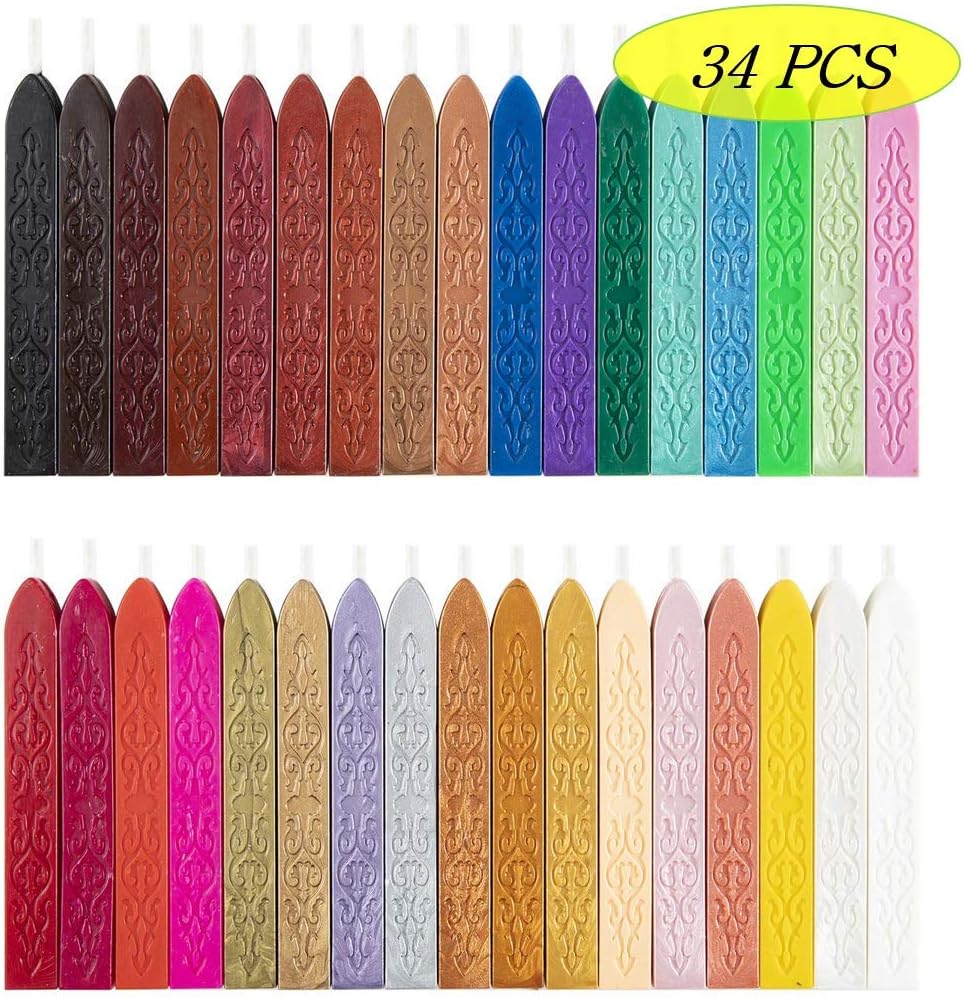 Waloden Wax Seal Sticks with Wicks Antique Fire Manuscript Sealing Wax for Wax Seal Stamp (34 Colors)