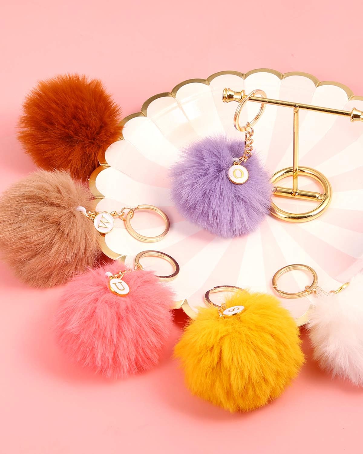 Auihiay 130 Pieces Pompoms Keychain Set Include 26 Faux Fur Pom Poms Balls, 26 Letter Beads and Keyrings for DIY Pom Poms Keychain Bag Charm Accessories at  Women’s Clothing store