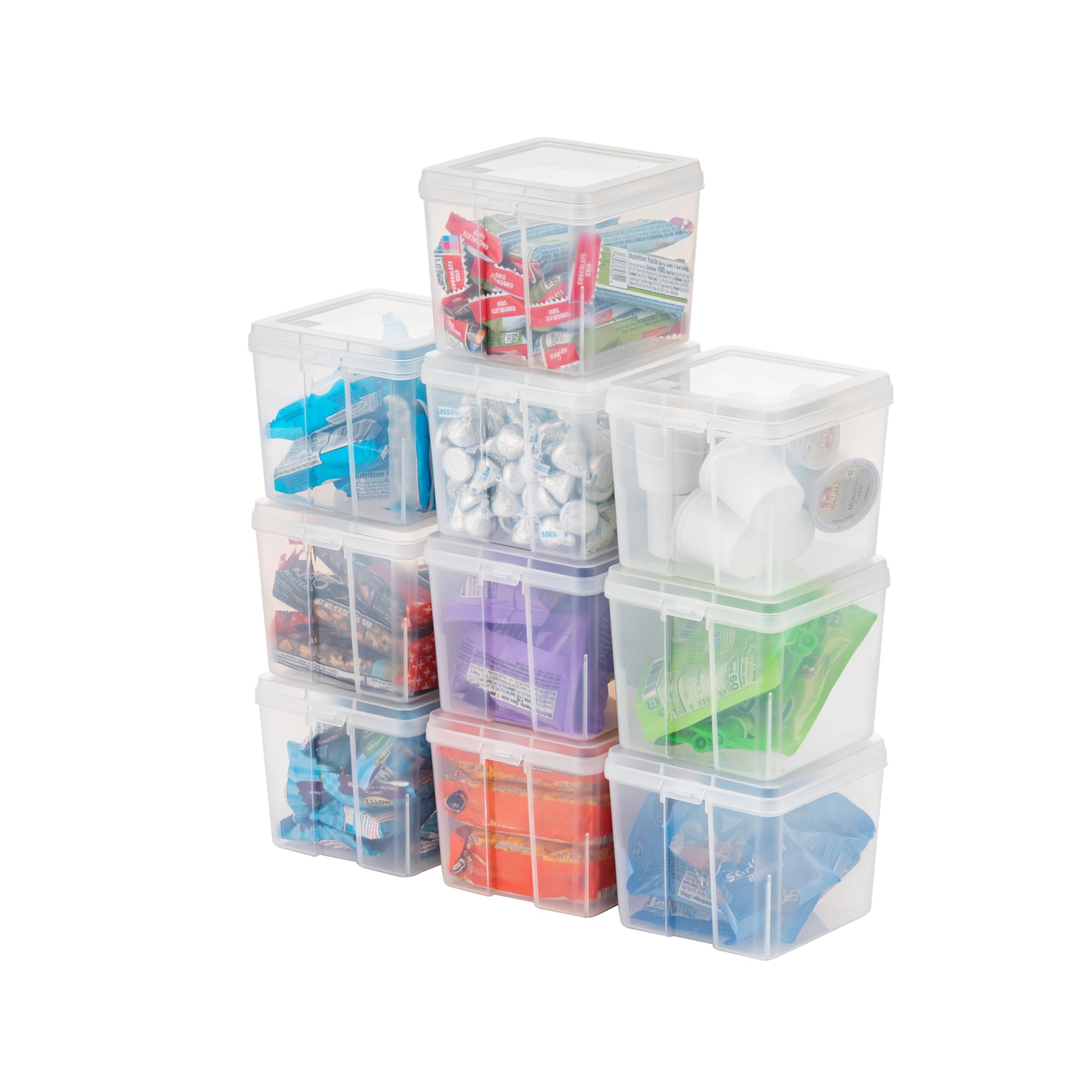 Photo 1 of IRIS USA Vertical Plastic Flip Top Storage Containers Bins with Lids for Pantry, Home, Office, Organization, Small, Stackable Hinged Organizer with Latches, Clear, 10 Pack
