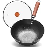 VIVIDCOOKWARE Cast Iron Wok with Lid, 10.2 Inch Flat Bottom Small Wok, Handcrafted Uncoated Iron Wok Stir Fry Pan with Wooden Handle, Tortoise Shell Texture, for Gas Electric Induction