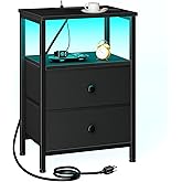 LOAKEKEL Nightstand with Charging Station, End Table with 2 Fabric Drawers, LED Night Stand for Bedroom, Small Bed Side Table with USB Ports and Outlets for Living Room, Black, HETS02BK-1