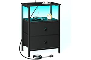 LOAKEKEL Nightstand with Charging Station, End Table with 2 Fabric Drawers, LED Night Stand for Bedroom, Small Bed Side Table with USB Ports and Outlets for Living Room, Black, HETS02BK-1