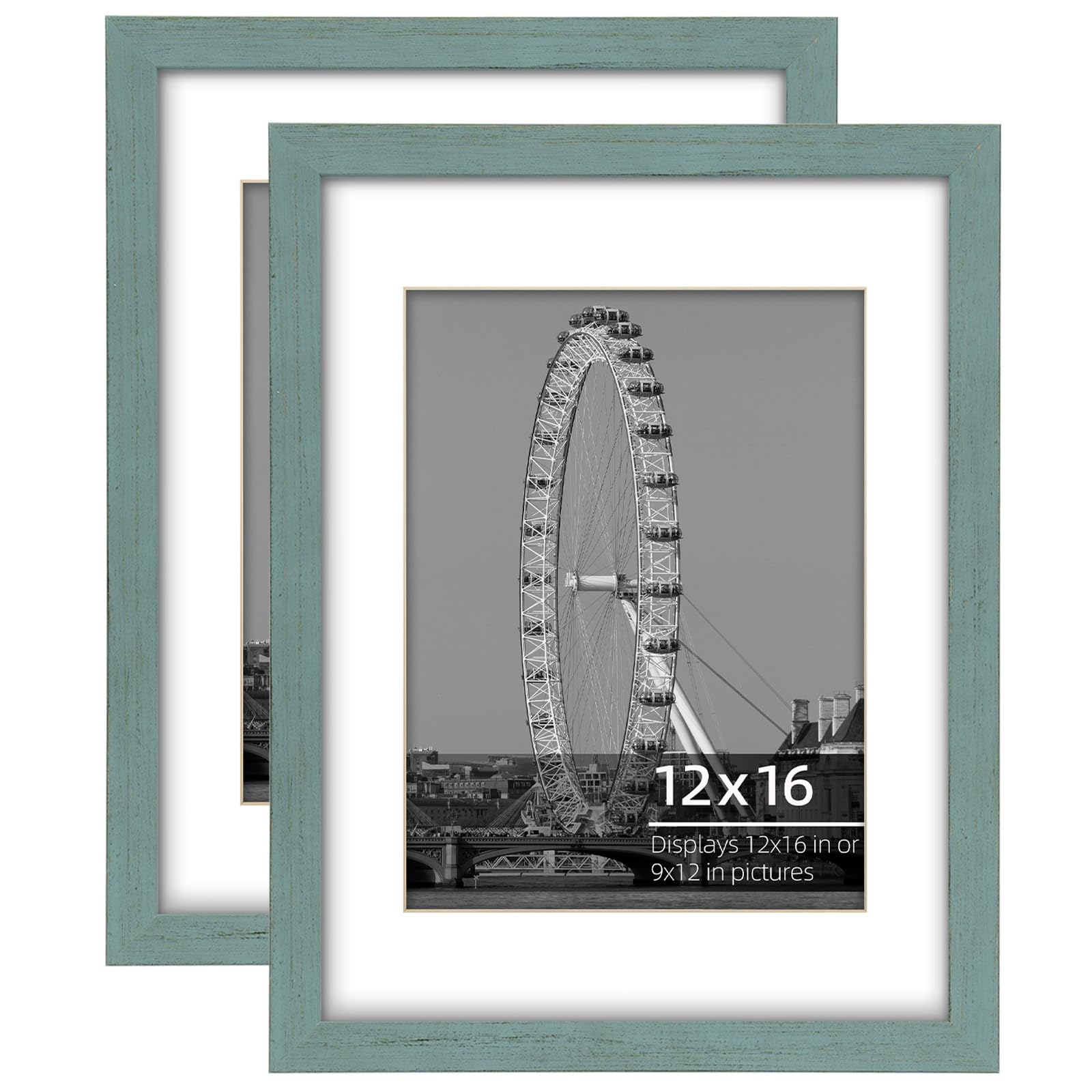 Eitida 12x16 inch (30x40 cm) or 9x12 (23x30 cm) with Mat Poster Frame Set, Wall Mount Vertically or Horizontally, Plexi Glass Thick Mat, Rustic Teal Blue Wood Grain Profile, 2 Pack