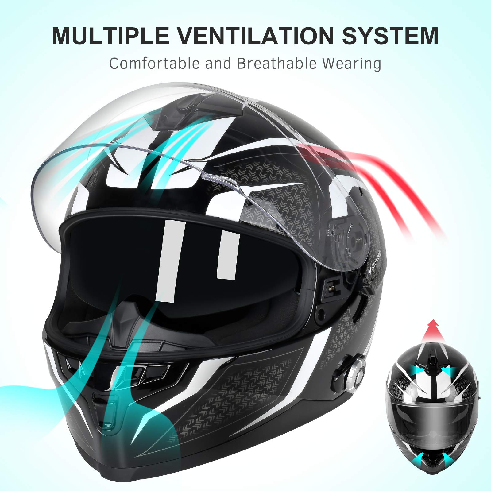 Bluetooth Motorcycle Helmet FreedConn BM12 DOT Full Face Bluetooth Helmets Motorcycle Dual Visor Helmet with Integrated Intercom System/ 2~3 Riders Pair/ 500M/ FM (Black & White, XL)