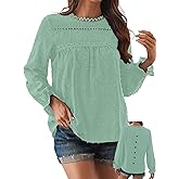 Falechay Womens Boho Tops Long Sleeve Shirts For Women Cute Crewneck Blouse Dressy Casual Swiss Dot Crochet Hollow Top 2026