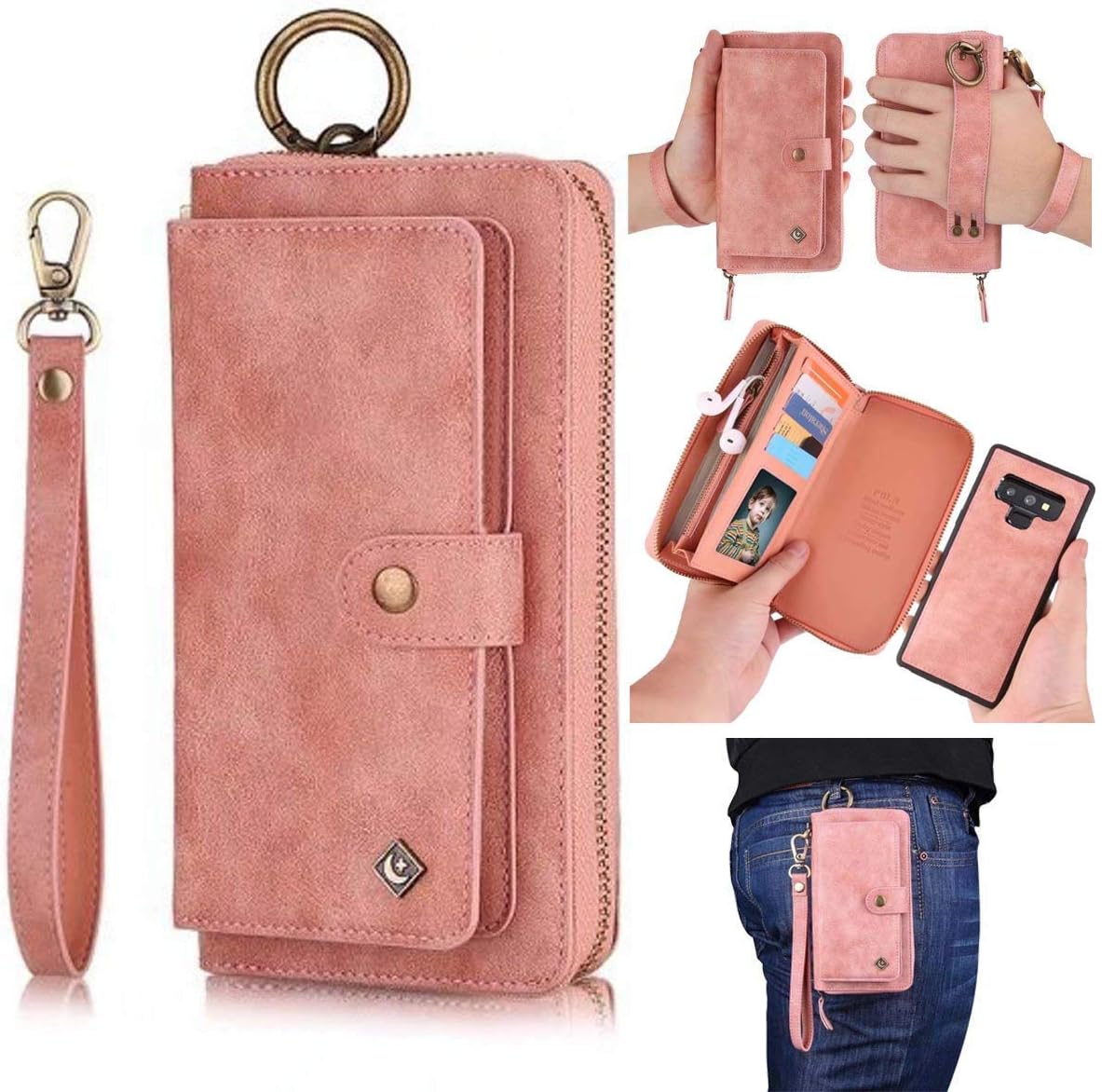 AIFENGCASE Compatible with Samsung Galaxy Note 9 Phone Case,Wallet Case for Women Men Girl,Wristlets Clutch Zipper Leather Pouch Wallet Flip Case Card Holder Magnetic Detachable Back Cover,Pink
