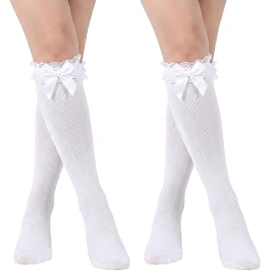 cobee 2 Pairs Knee High Socks, White Ruffle Frilly Knee High Stockings | Lace Socks Cute Long Stockings for Women Dress