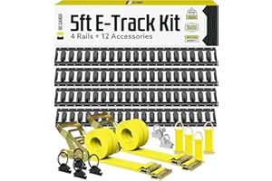 DC Cargo Mall Indoor E Track Tie-Down Rail Kit, 16PCS 5FT E-Tracks Set Includes 4 Powder-Coated Rails & 2 X 12 Foot Ratchet Straps & 4 O Rings & 2 Extra Heavy Duty O Rings & 4 Tie-Offs with D-Ring