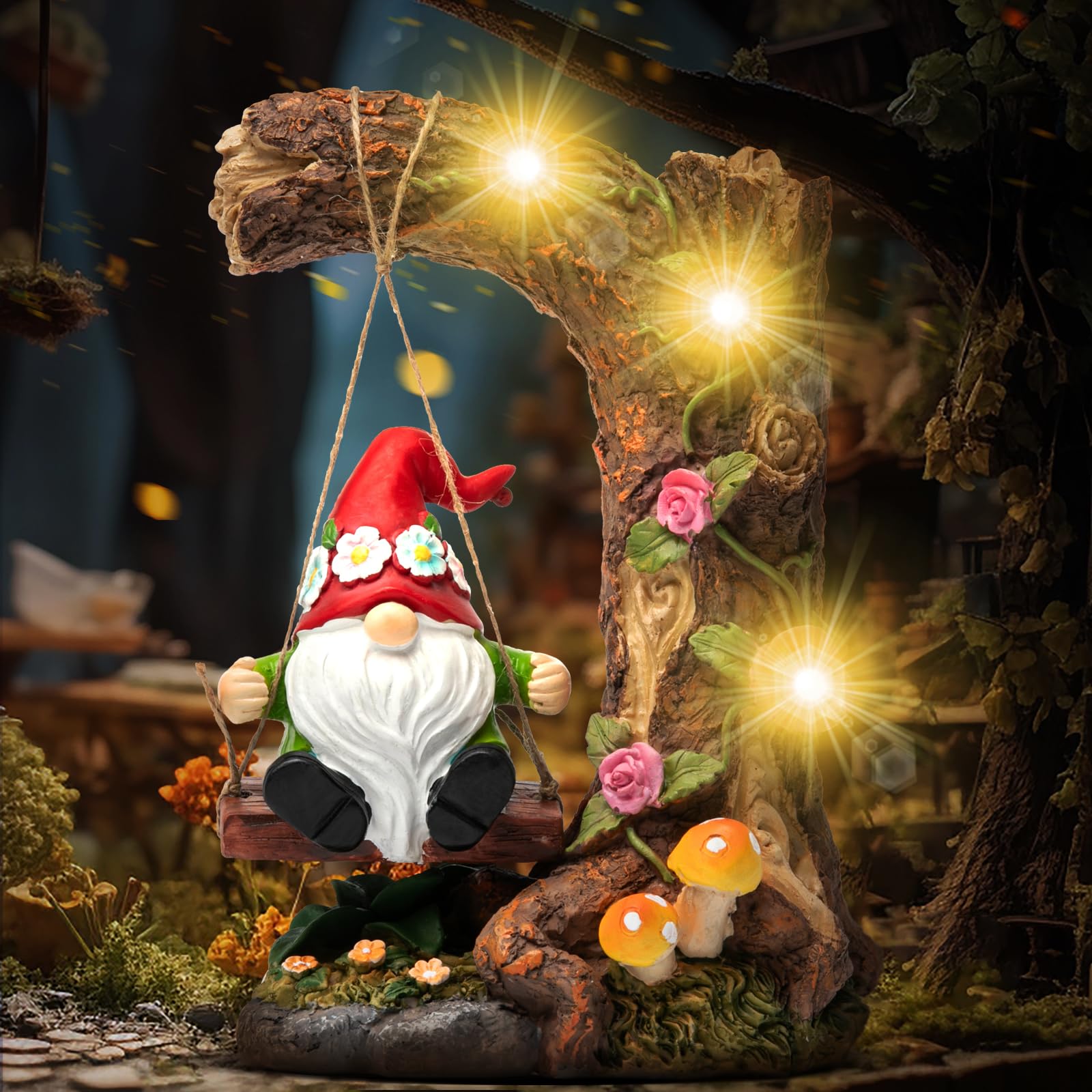 Photo 1 of Christmas Gnome Statue Outdoor Decorations: Gnome Sitting on a Swinging Under Tree Stump with Fairy Rose Lights - Funny Figurine Ornaments Decorations for Patio Yard Lawn Ideal Gifts for Women & Mom