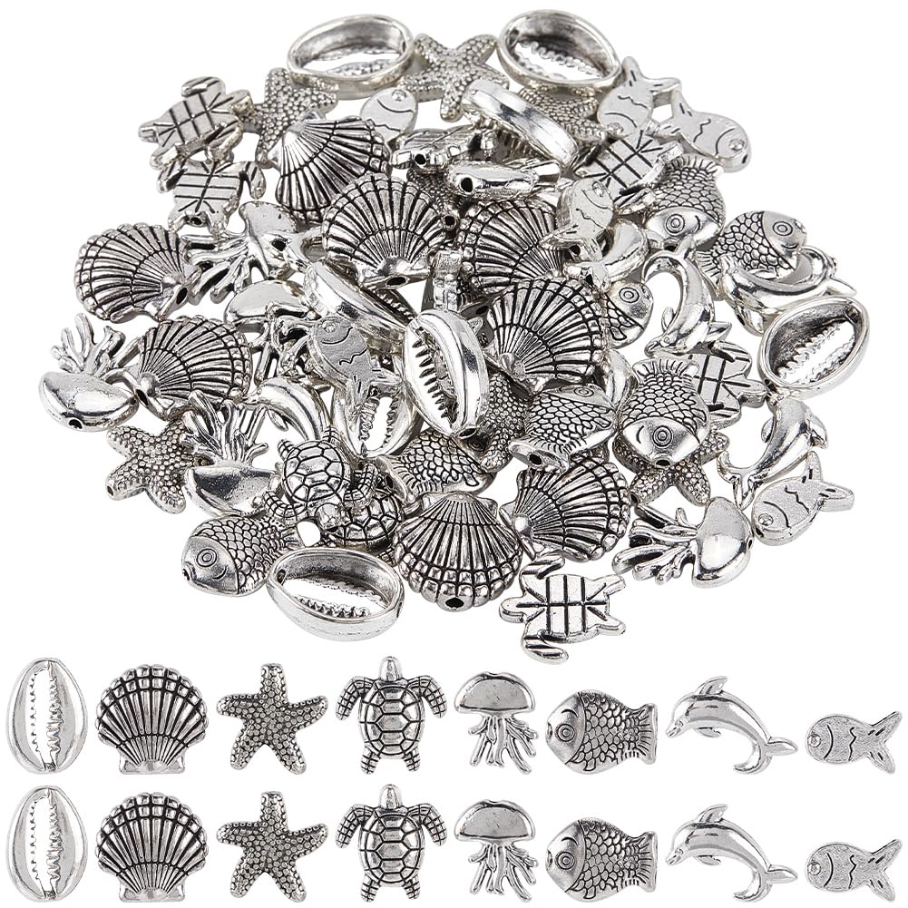 SUNNYCLUE 1 Box 80pcs Silver Sea Beads Ocean Animal Beads Assorted Alloy Metal Sea Life Creatures Fish Shell Jellyfish Starfish Turtle Spacer Bead for Jewellery Making Bracelets Diy Beading Supplies โ image 1