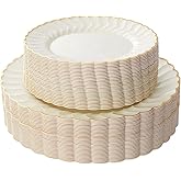 Lullaby 60PCS Ivory Scalloped Plastic Plates with Gold Rim, Disposable Elegant Plates Include 30pcs Dinner Plate 10.25", 30pcs Plastic Dessert Plate 7.5", Perfect for Wedding and Party