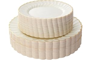 Lullaby 60PCS Ivory Scalloped Plastic Plates with Gold Rim, Disposable Elegant Plates Include 30pcs Dinner Plate 10.25", 30pcs Plastic Dessert Plate 7.5", Perfect for Wedding and Party