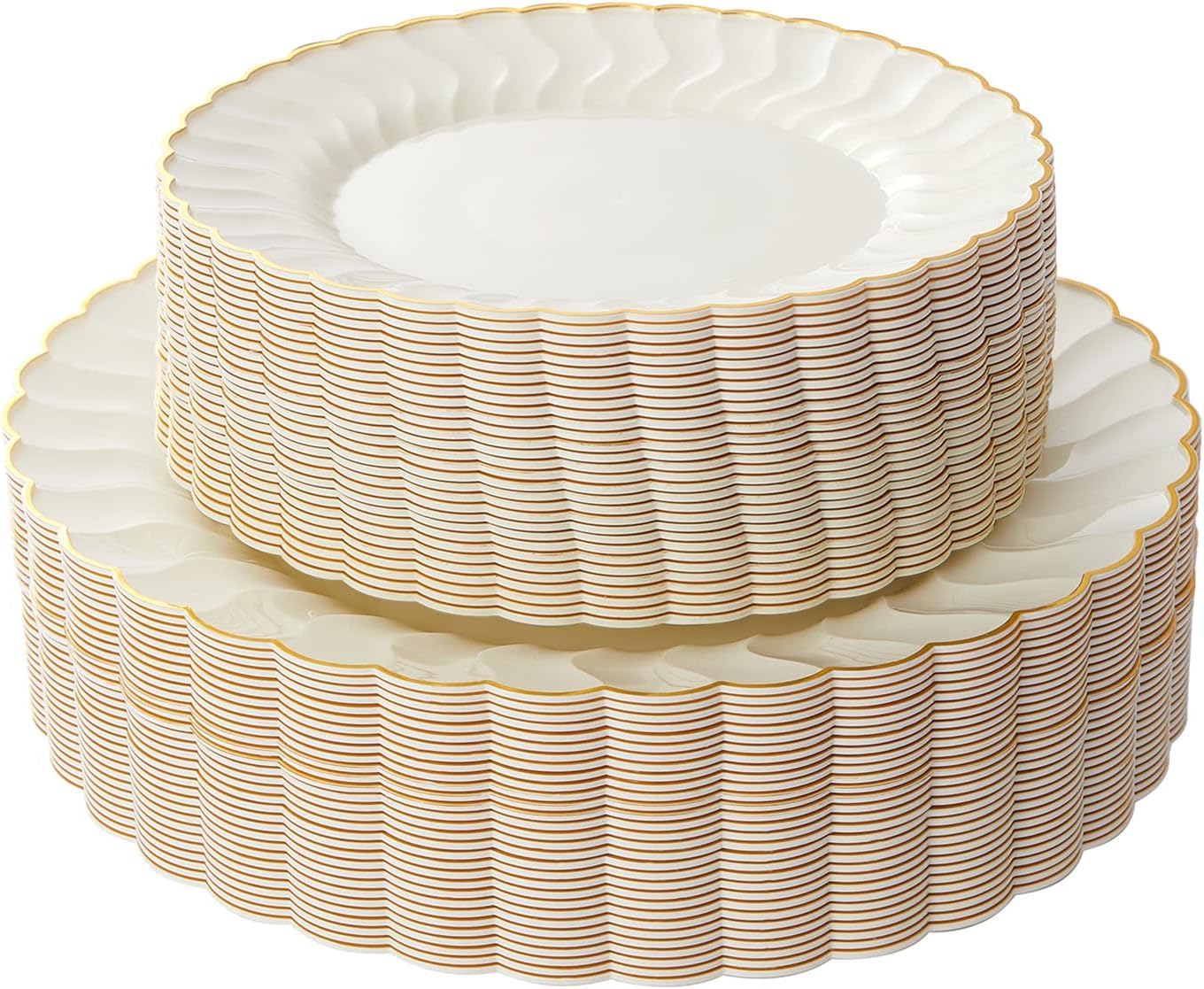 Photo 1 of Lullaby 60PCS Ivory Scalloped Plastic Plates with Gold Rim, Disposable Elegant Plates Include 30pcs Dinner Plate 10.25", 30pcs Plastic Dessert Plate 7.5", Perfect for Wedding and Party